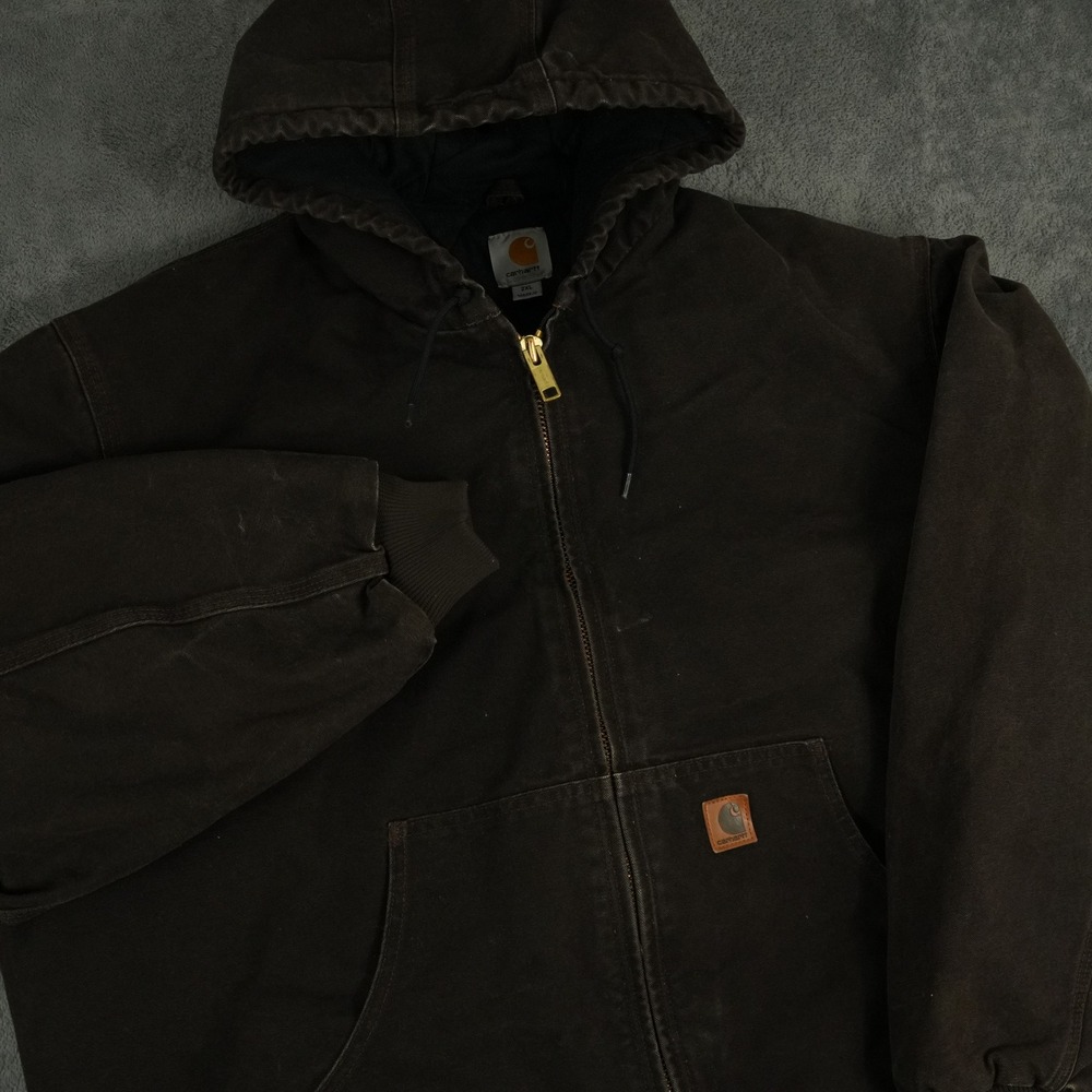 Carhartt J130 Active Jacket Mens 2XL Dark Brown Quilted Lined Duck Canvas Hooded